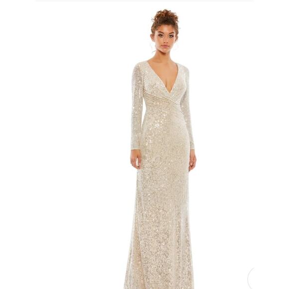 NEW Mac Duggal Ieena Silver Sequin Faux Wrap Gown with Slit (Size 12) - Picture 1 of 10